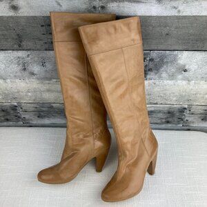 Chinese Laundry Natural Taupe Leather Knee Zipped Heel Boots - Womens 6.5 EUR 37